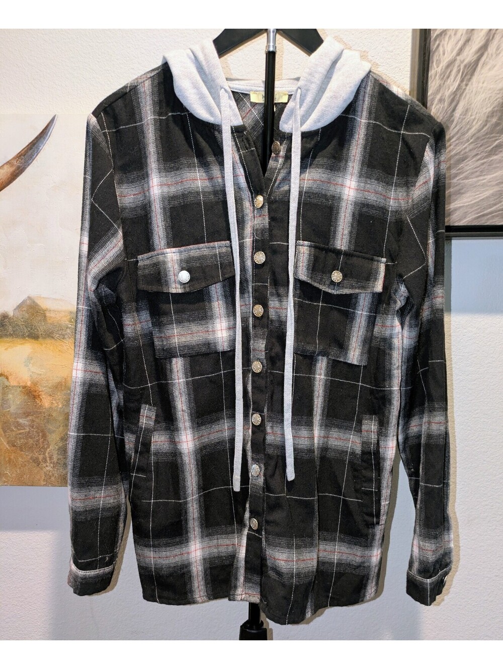 Kori Black Plaid Hooded Flannel Shacket Grunge Size S